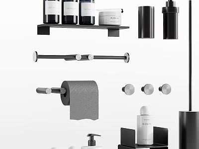 Modern Bathroom Interior With Black Shelf Towel Bar Toilet Paper Holder And Soap Dispenser 3d model
