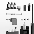 Modern Bathroom Interior With Black Shelf Towel Bar Toilet Paper Holder And Soap Dispenser