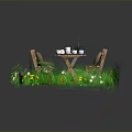 Outdoor Wooden Dining Table With Teacups Bench Grass White Flowers And Plaid Border