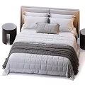 Modern Double Bed With Upholstered Headboard Neutral Bedding And Black Round Side Table 3d model
