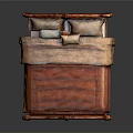 Classical Wooden Bed With Carved Headboard Red Beige Mattress And Decorative Pillows