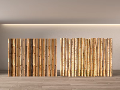 Natural Bamboo Room Dividers With Vertical Slats Design Standing On Wooden Floor Against White Wall 3d model