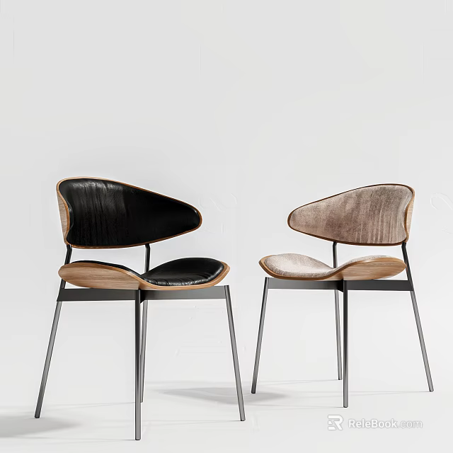 Modern Dining Chairs With Black Brown Leather Seats Wood Backrests And Metal Legs 3d model 