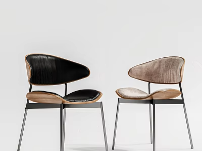 Modern Dining Chairs With Black Brown Leather Seats Wood Backrests And Metal Legs 3d model