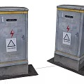 Industrial Electrical Distribution Boxes With High Voltage Warning Signs And Metal Enclosures On Concrete Bases