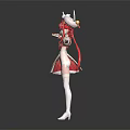 Cute Anime Character With Rabbit Ears And Pink Hair In Red White Outfit Holding Staff