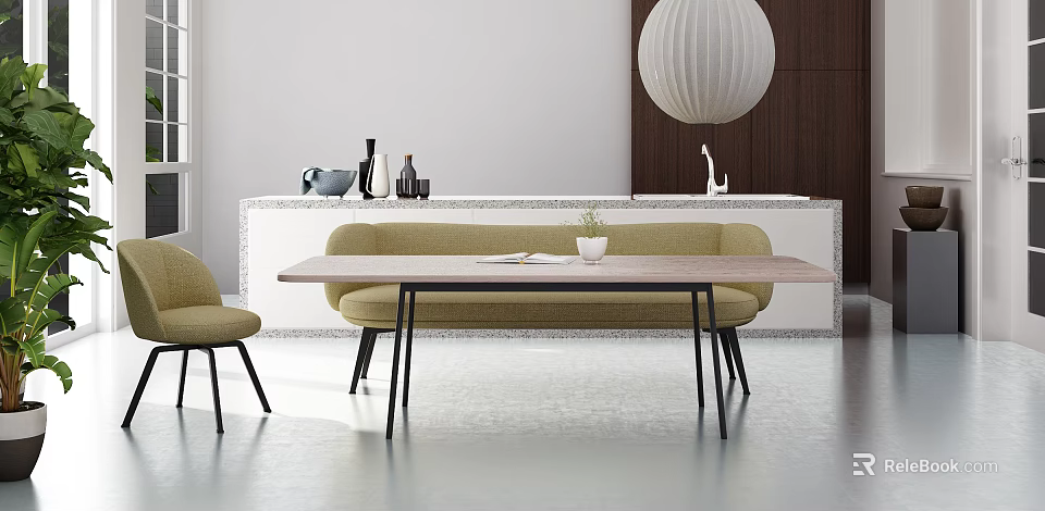 Modern Dining Table Set With Beige Chair Countertop Decorative Items And Pendant Light 3d model 
