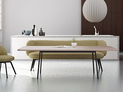 Modern Dining Table Set With Beige Chair Countertop Decorative Items And Pendant Light 3d model