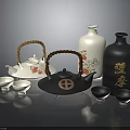 Traditional Tea Ceremony Utensils Including Teapots Teacups And Decorative Vases With Floral Patterns