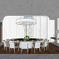 Private Dining Room Modern Interior With Round Table Comfortable Chairs Hanging Chandelier And White Curtains