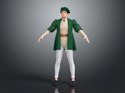 Medieval Style Character Wearing Green Coat White Pants With Belt And Green Hat 3d model