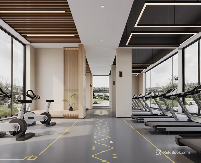 Modern Fitness Gym Interior With Treadmills Exercise Bikes And Natural Light 3d model 