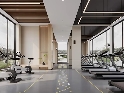 Modern Fitness Gym Interior With Treadmills Exercise Bikes And Natural Light 3d model