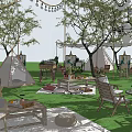 Cozy Camping Camp with Green Grass Tents String Lights and Wooden Tables