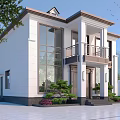 Modern Detached Villa With White Exterior Large Glass Windows Balcony And Green Plants