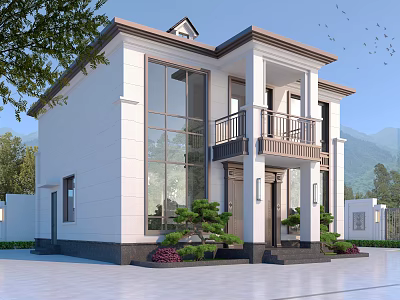 Modern Detached Villa With White Exterior Large Glass Windows Balcony And Green Plants 3d model