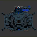 Blue Mechanical Spaceship Model Featuring Elongated Shape And Red White Details