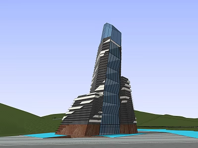 Modern Museum Building With Unique Twisted Glass Facade And Green Hills 3d model