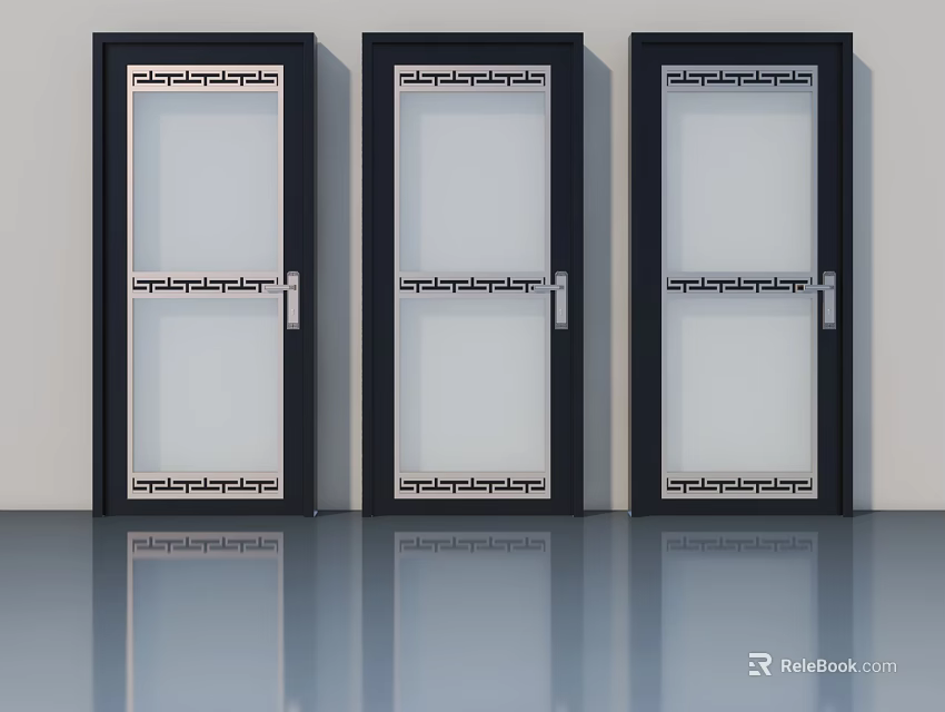 Modern Swing Doors With Black Frames Glass Panels And Decorative Patterns 3d model