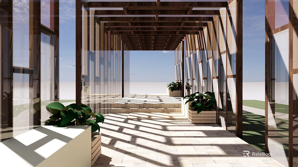 Wooden Pergola with Glass Panels Green Plants and Sunlight Shadow on Stone Floor 3d model 