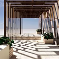 Wooden Pergola with Glass Panels Green Plants and Sunlight Shadow on Stone Floor