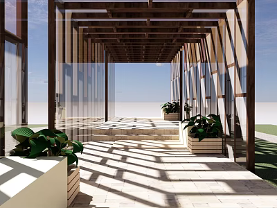 Wooden Pergola with Glass Panels Green Plants and Sunlight Shadow on Stone Floor 3d model