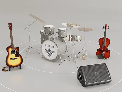 Professional Musical Instruments Collection With Acoustic Guitar Violin Drum Kit And Speaker 3d model
