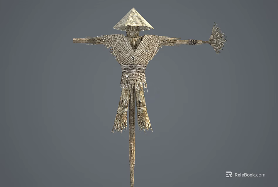 Traditional Handmade Scarecrow With Conical Straw Hat And Woven Body On Wooden Pole 3d model 