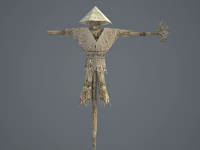 Traditional Handmade Scarecrow With Conical Straw Hat And Woven Body On Wooden Pole 3d model