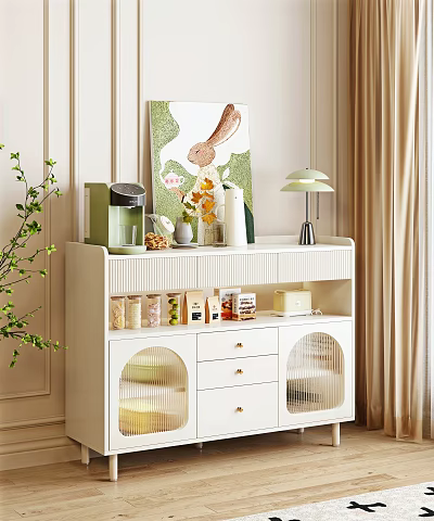 Modern White Sideboard With Coffee Machine Decorative Artwork Lamp Glass Doors Drawers And Storage Jars 3d model