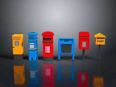 Colorful Post Mailboxes In Various Styles With Red Blue Yellow Designs 3d model
