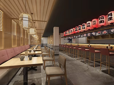 Japanese Style Restaurant Interior With Wooden Decor Lanterns Bar Counter Booth Seating And Dining Tables 3d model