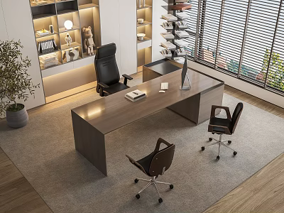 Modern Wooden Office Desk Setup with Black Office Chairs Bookshelf Natural Light and Potted Plant 3d model