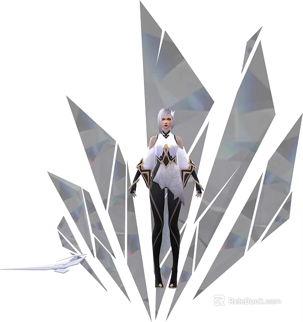 Elegant Game Character With Silver Hair White Black Outfit And Crystal Geometric Background 3d model 
