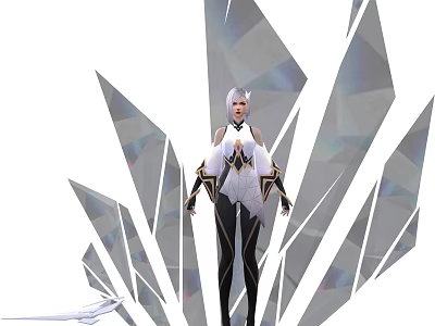 Elegant Game Character With Silver Hair White Black Outfit And Crystal Geometric Background 3d model