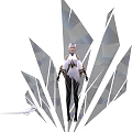 Elegant Game Character With Silver Hair White Black Outfit And Crystal Geometric Background