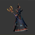 Woman Sorceress In Elaborate Blue Red Gown With Ornate Headdress And Magic Staff
