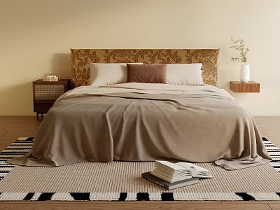 Cozy Double Bed Interior With Patterned Headboard Pillows Blanket Nightstands And Vase On Rug 3d model
