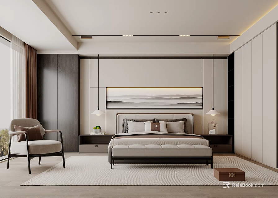 Modern Bedroom Interior With Comfortable Bed Bedside Tables Lamps Decorative Painting Soft Rug And Armchair 3d model 