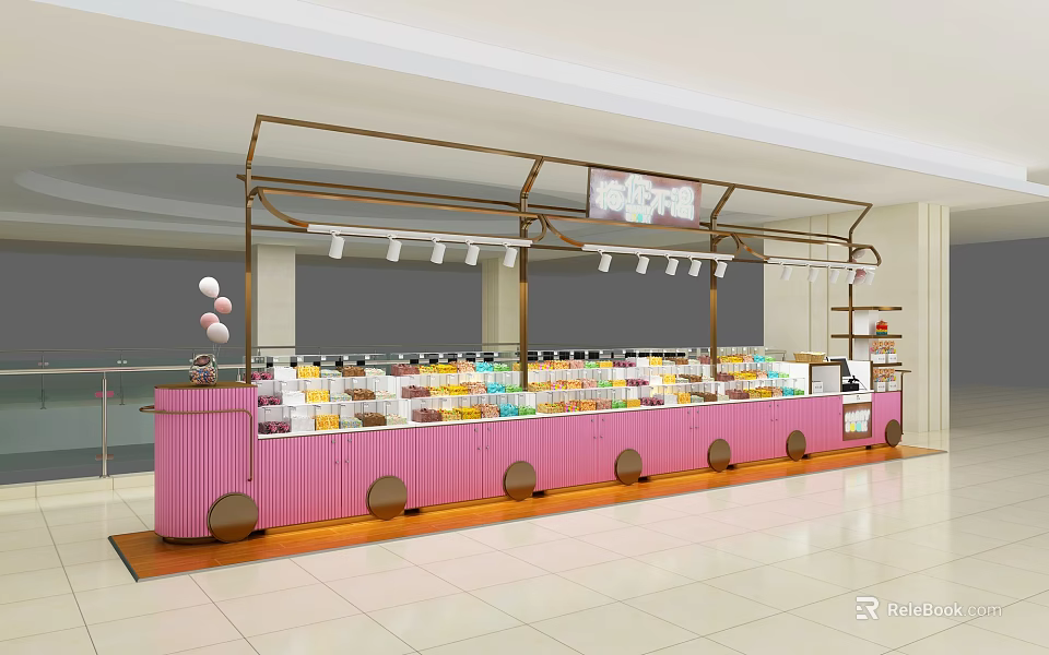 Shopping Mall Candy Store With Pink Counter And Colorful Candy Displays 3d model 