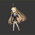 Anime Style 3D Character With Long Orange Hair Blue Bow And Plaid Skirt Outfit