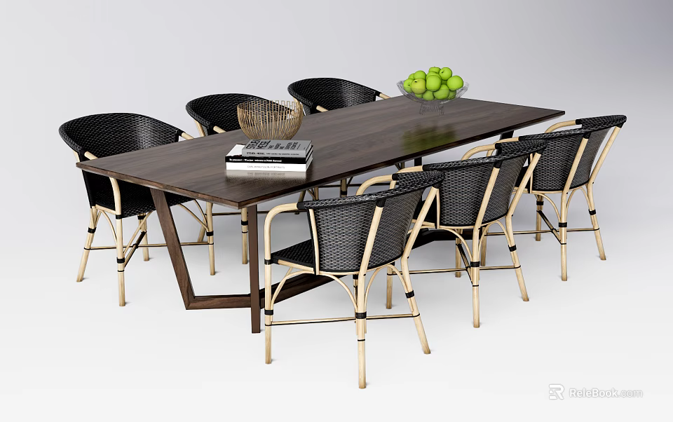 Wooden Dining Table Set With Six Rattan Chairs Metal Frame And Green Fruits Bowl 3d model 