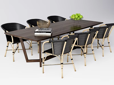 Wooden Dining Table Set With Six Rattan Chairs Metal Frame And Green Fruits Bowl 3d model