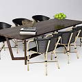 Wooden Dining Table Set With Six Rattan Chairs Metal Frame And Green Fruits Bowl