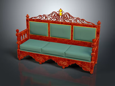 Classic Three Seater Sofa With Red Wooden Frame Green Cushions And Ornate Carvings 3d model