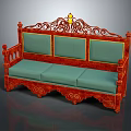 Classic Three Seater Sofa With Red Wooden Frame Green Cushions And Ornate Carvings