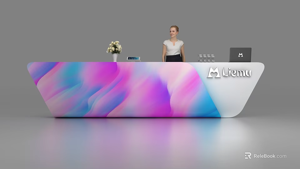 Modern Colorful Gradient Reception Desk With Flower Vase Tablet And Liemu Logo 3d model 