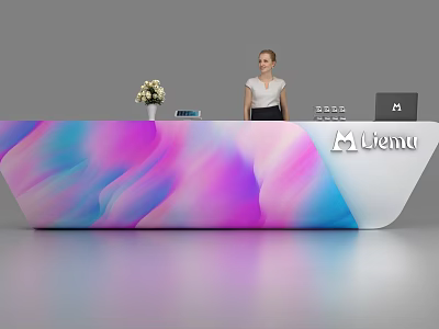 Modern Colorful Gradient Reception Desk With Flower Vase Tablet And Liemu Logo 3d model