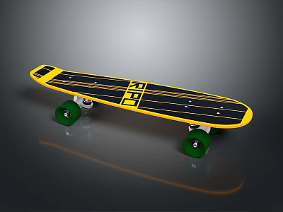 Black And Yellow Striped Skateboard With Green Wheels And ZED Logo 3d model