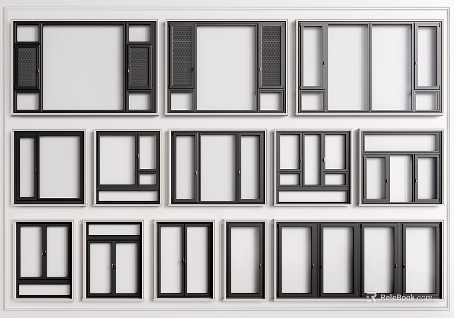 Casement Windows With Various Modern Design Styles And Black Frames 3d model